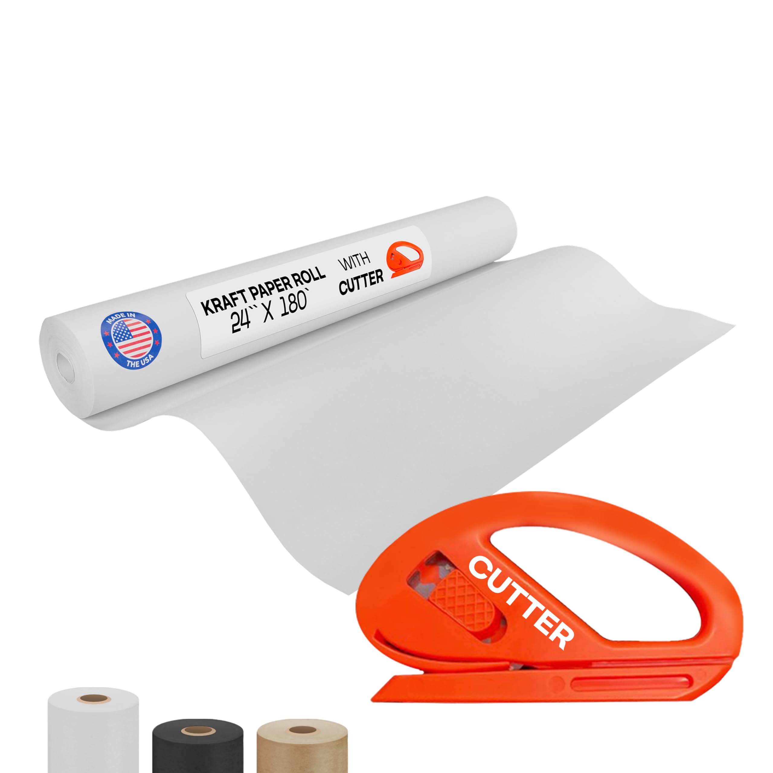 White Kraft Paper Roll 24" x 2160" (180 feet) with Cutter - USA-Made