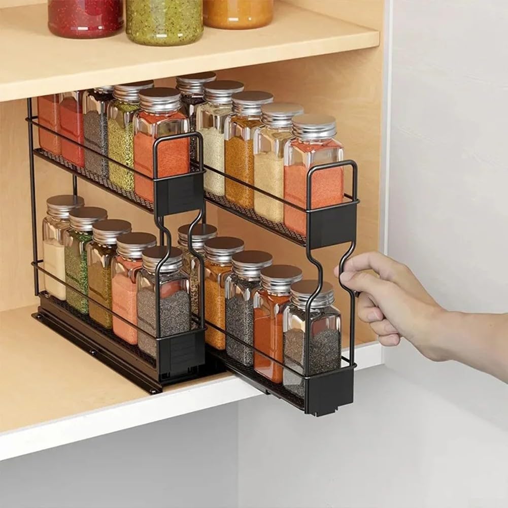 Estante para especias, estante de especias para estufa de cocina, organizador de estante de metal de 2 niveles sin instalación de taladro, ahorra espacio en la encimera, sostiene tarros de condimentos