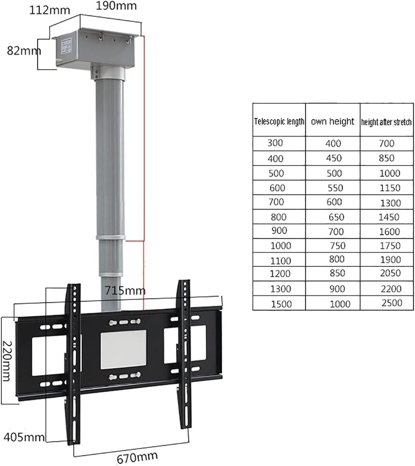 Soporte de TV Ajustable motorizado, Soporte de Techo Ajustable, Mecanismo de elevación de TV con Control Remoto, Elevador de TV eléctrico (tamaño: 70 cm)