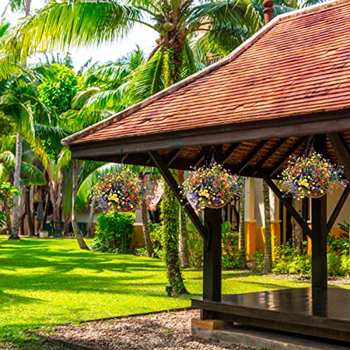 Artificial Hanging Flowers In Basket，Artificial Flowers Outdoor Uv Resistant Fake Plants Greenery Shrubs Faux Plastic Flower With 12Inch Coconut Lining Chain Flowerpot(Shrubs Flower Multicolor) #TOP3