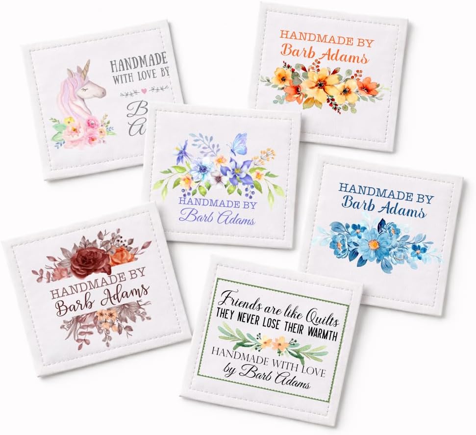 Personalized Floral Quilt Labels Set of 6 – Custom Cotton Quilt Tags with Name, Handmade Quilt Label, Sew-On Fabric Labels for Quilts