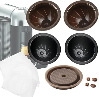 5Pcs Reusable Capsules Pods Refillable Coffee Capsules VrtuoLine for Nespr*sso with 1Pcs Reusable Silicone Lids 10pcs Aluminum Foil (Black(230ml)/ Brown(150ml)+ 1pc Silicone Lid)
