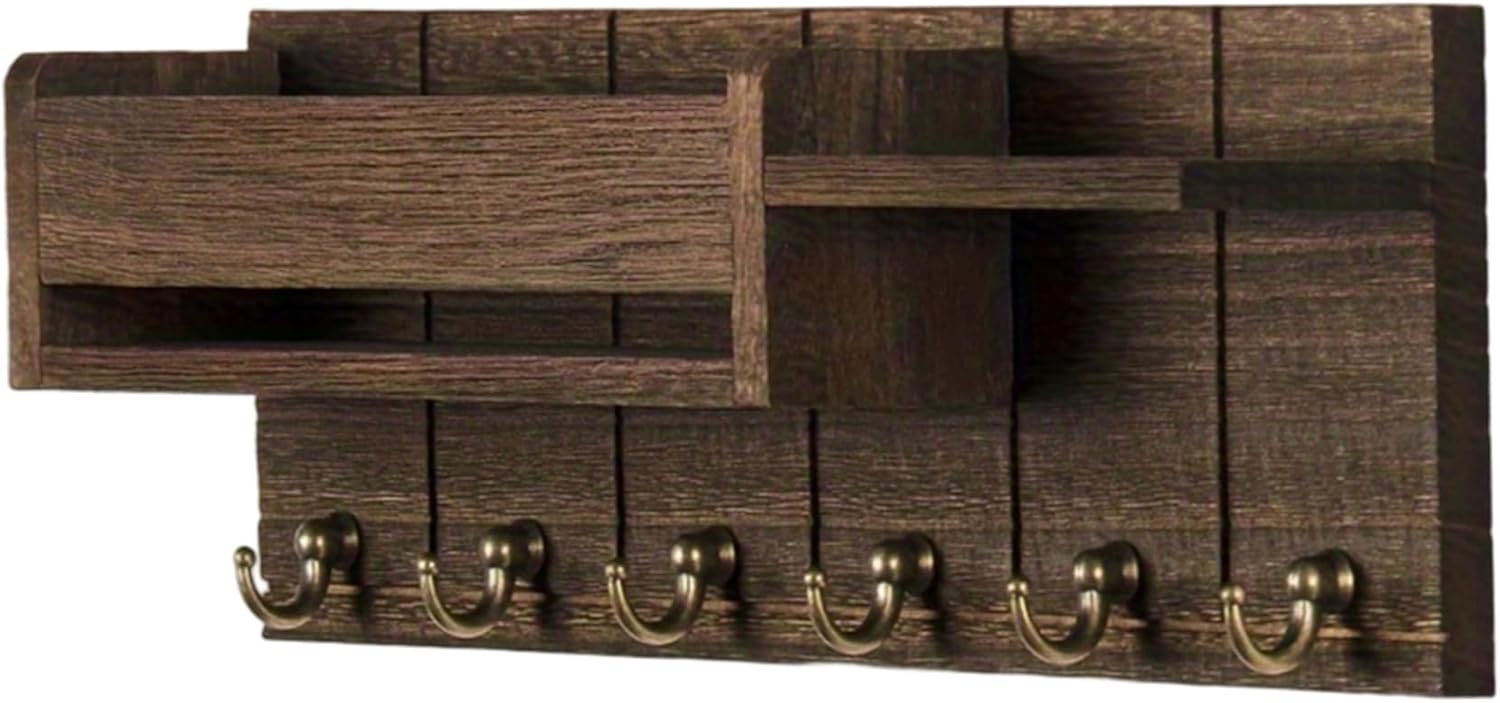 Wooden Key Holder Wall Mount, Farmhouse Key and Mail Holder for Wall Decorative Organizer with 6 Sturdy Hooks and Shelves for Rustic Home Decor