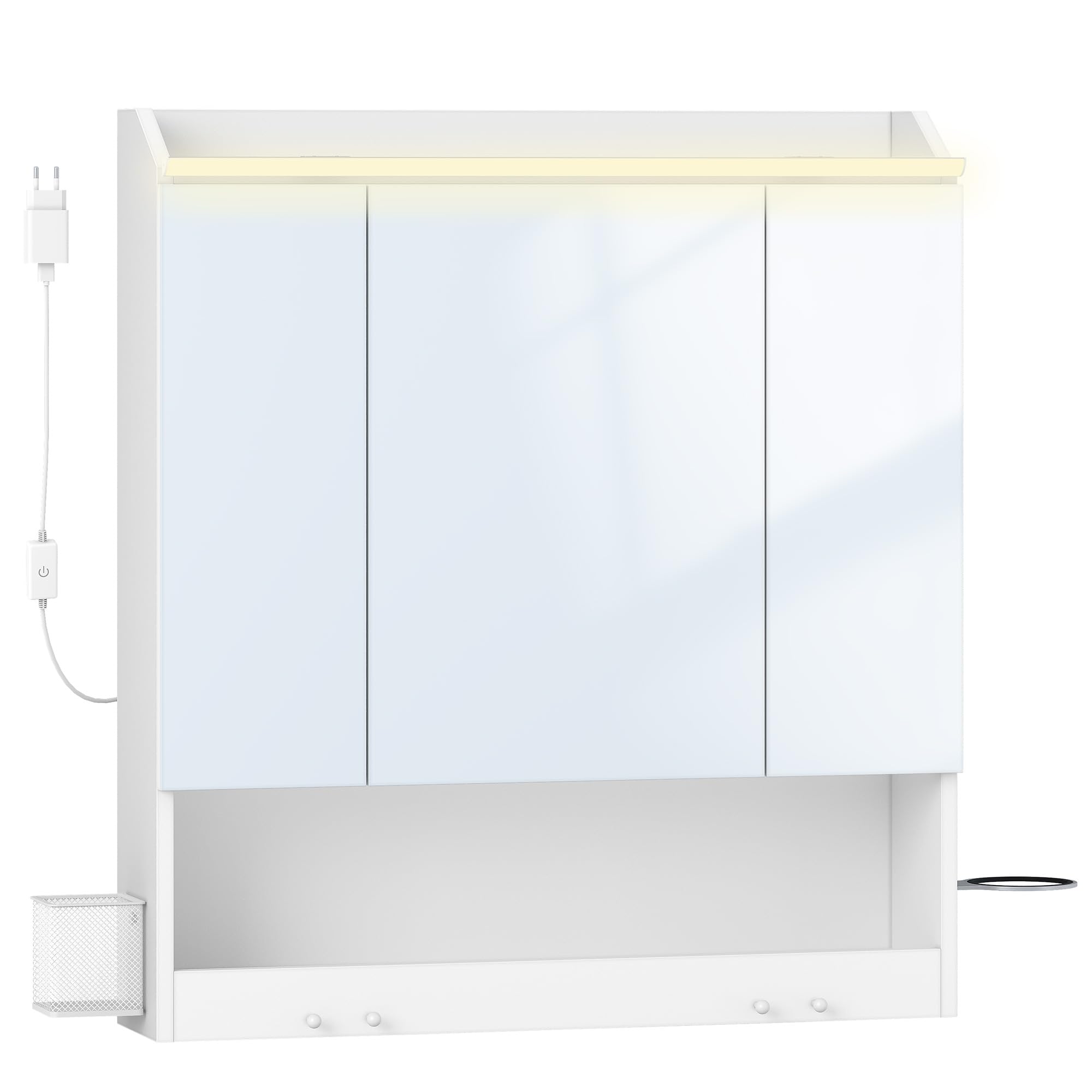 HEXCELEN Armario de Baño con Espejo y Luz LED, Armario de Pared, Compartimento Abierto, Estante Interior Ajustable, Mueble Espejo de Pared, Blanco, 15 x 70 x 78,8 cm 590303X