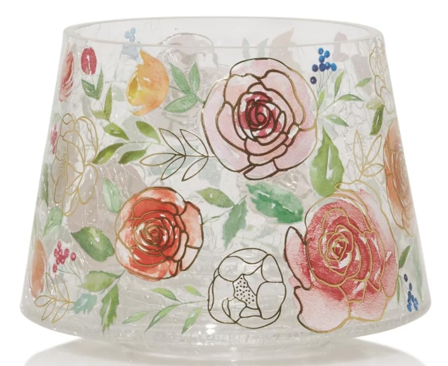 Yankee CandleRose Floral Crackle Glass Shade - For Original Large and Medium Jar Candles - Not for use with Signature Candles, Pink Red Green Gold