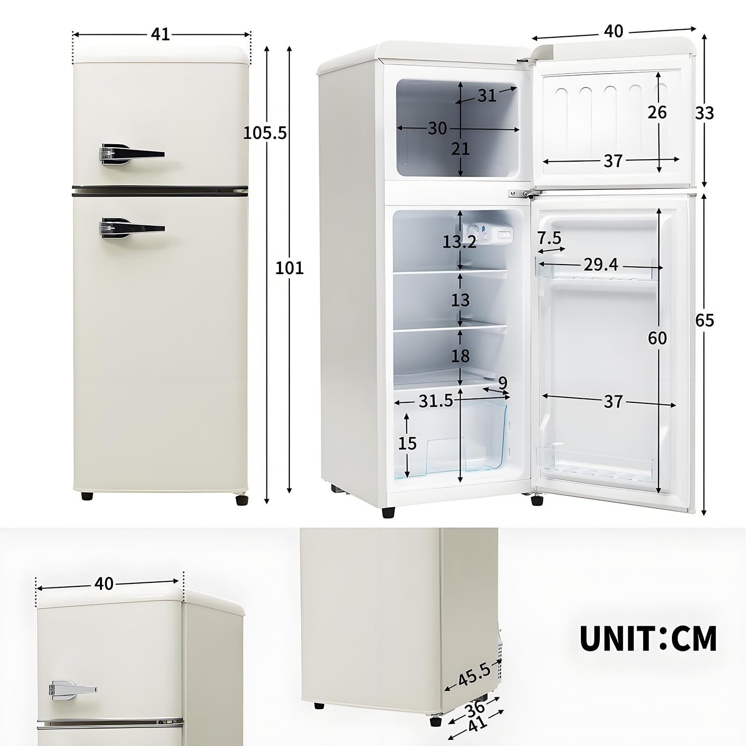 Minifrigorifero retrò con funzione congelatore, due porte, 92 l, scomparto congelatore a 4 stelle, illuminazione a LED, 116 kWh/anno, compatto e indipendente, volume congelatore 28 l,White