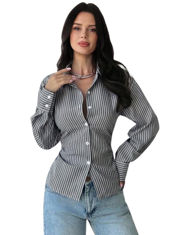 CRAMPLE® Women's Striped Button-Down Shirt with Corset Lace-Up Back, Long Sleeve, Fitted Blouse-picture-29