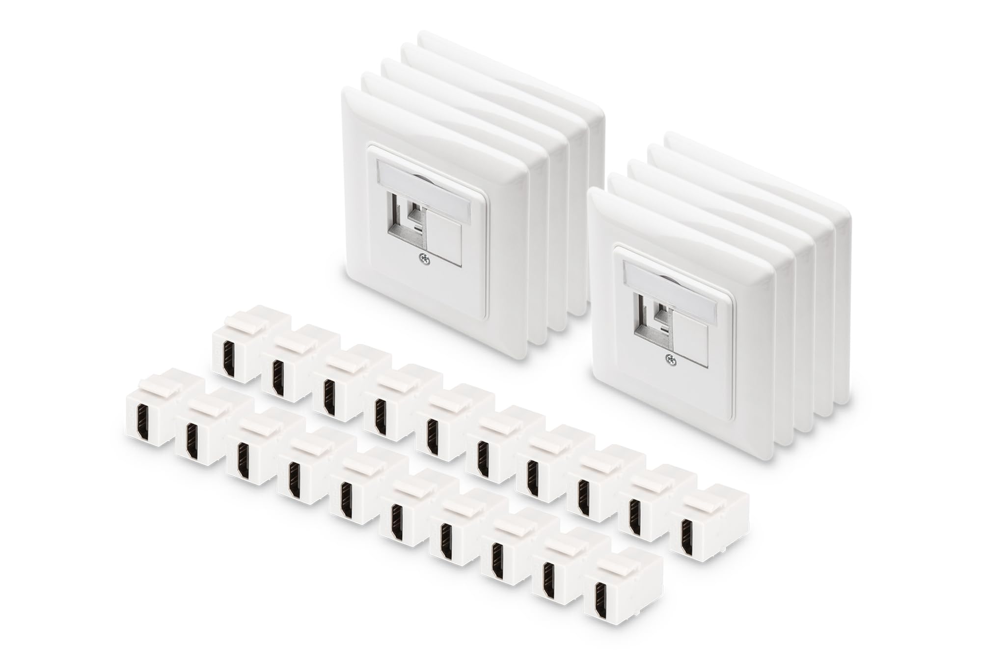 DIGITUS 10x Anschlussdose 2 Port – Auslass Gerade – Für Multimedia Keystone-Module + 20x Keystone-Kupplung HDMI 2.0 – Weiß