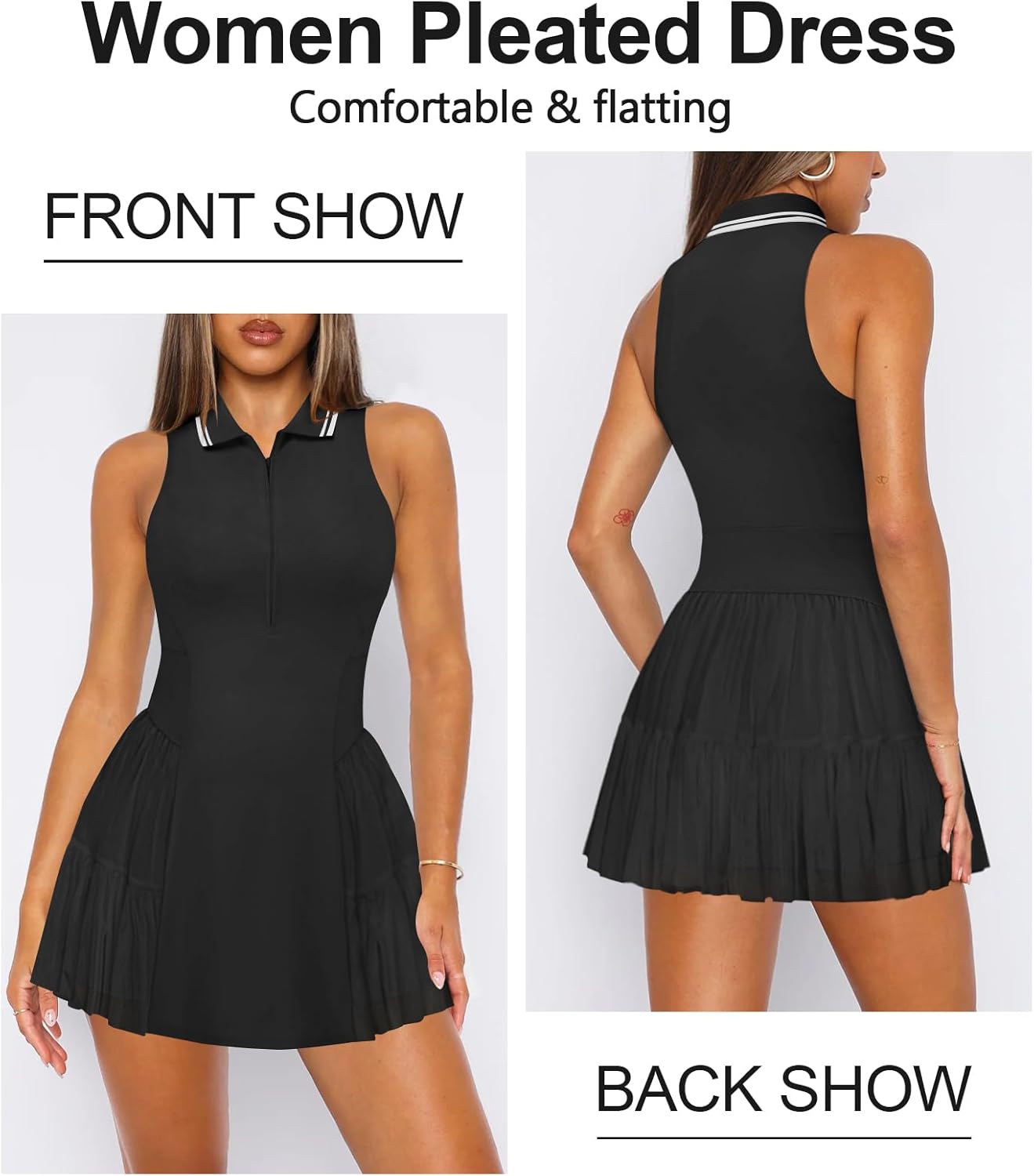 Women's Mini Flowy Pleated Ruffle Tennis Athletic Dress for Women Summer Polo Golf Dress with Shorts Pockets - Image 3