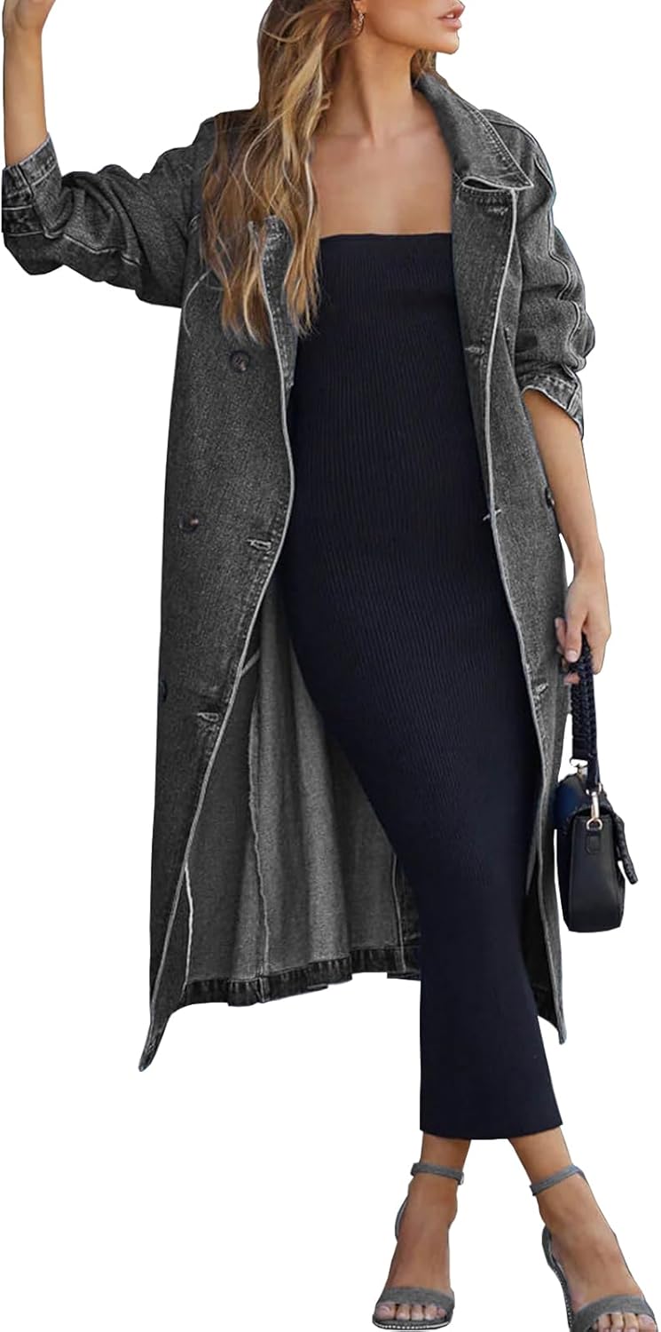 Women's Vintage Notched Collar Double Breasted Plus Size Loose Over Knee Denim Jacket Trench Coat with Belt