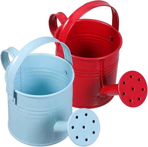 DOITOOL Regadera pequeña de metal, 2 macetas de jardinería, cubo de riego de jardín (rojo y azul claro)