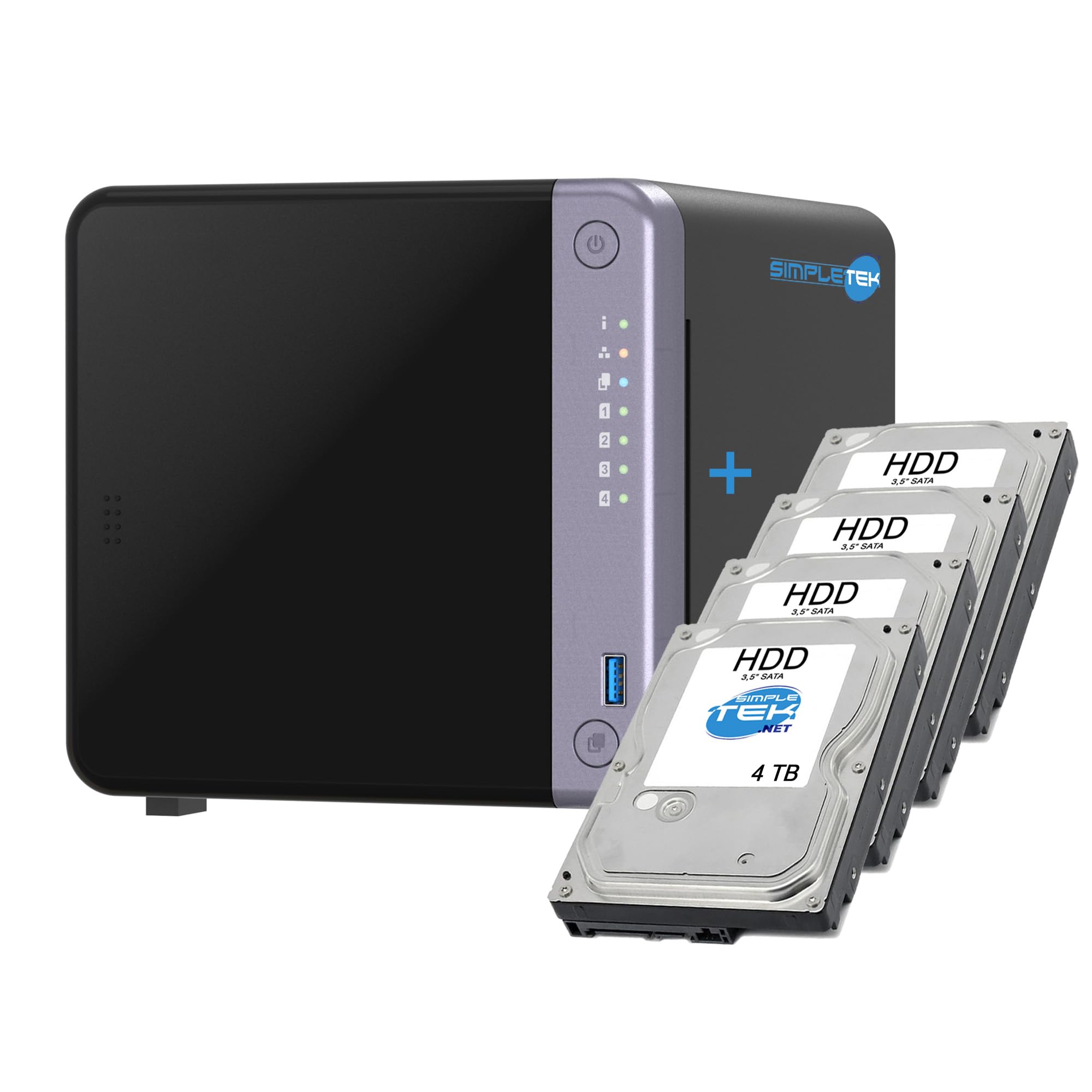 SIMPLETEK - Profesjonalny 4-komorowy serwer NAS - 10 GbE SFP+ i 2,5 GbE - 4 GB RAM (maks. 16 GB) - w zestawie 4 x dysk twardy 4 TB - 2 gniazda M.2 NVMe - podwójny port 2,5 GbE (odnowiony)