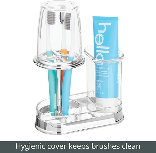 Miniatura 5 de mDesign - Soporte decorativo de plástico para encimera, soporte para cepillos de dientes y pasta dental, con tapa de enjuague, centro dental que