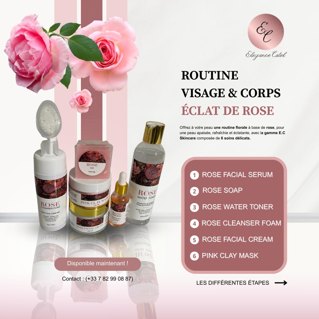 Cofanetto per la cura del viso biologico alla rosa, 6 prodotti, siero 30 ml, sapone 100 g, tonico, schiuma detergente, crema e maschera di argilla