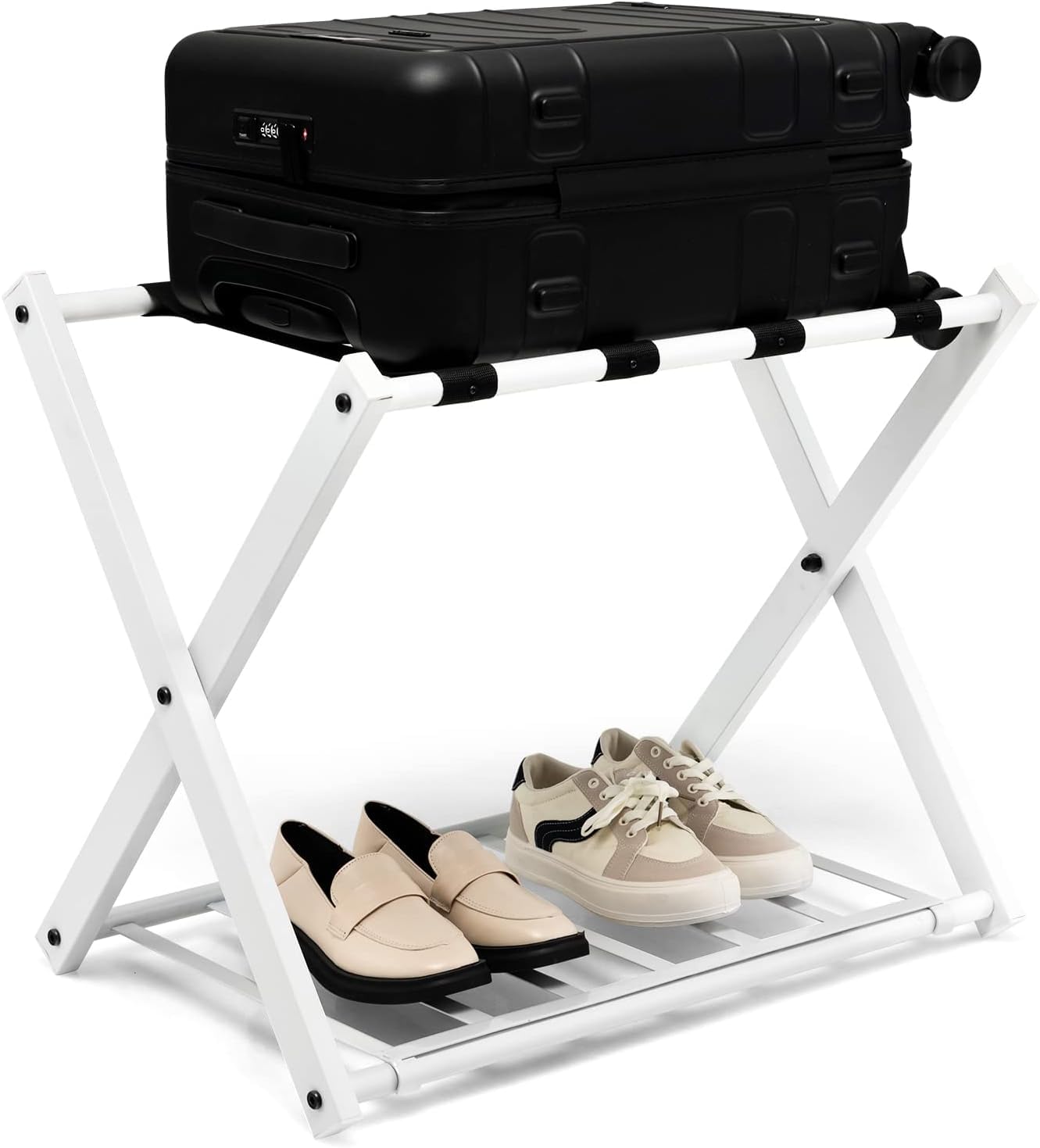 GOPLUS Kofferständer klappbar, Gepäckablage aus Metall bis 60kg belastbar, Kofferablage mit darunter liegendem Schuhregal, Kofferhocker für Hotel & Zuhause, 64x43x58 cm (Weiß-1 Stück)