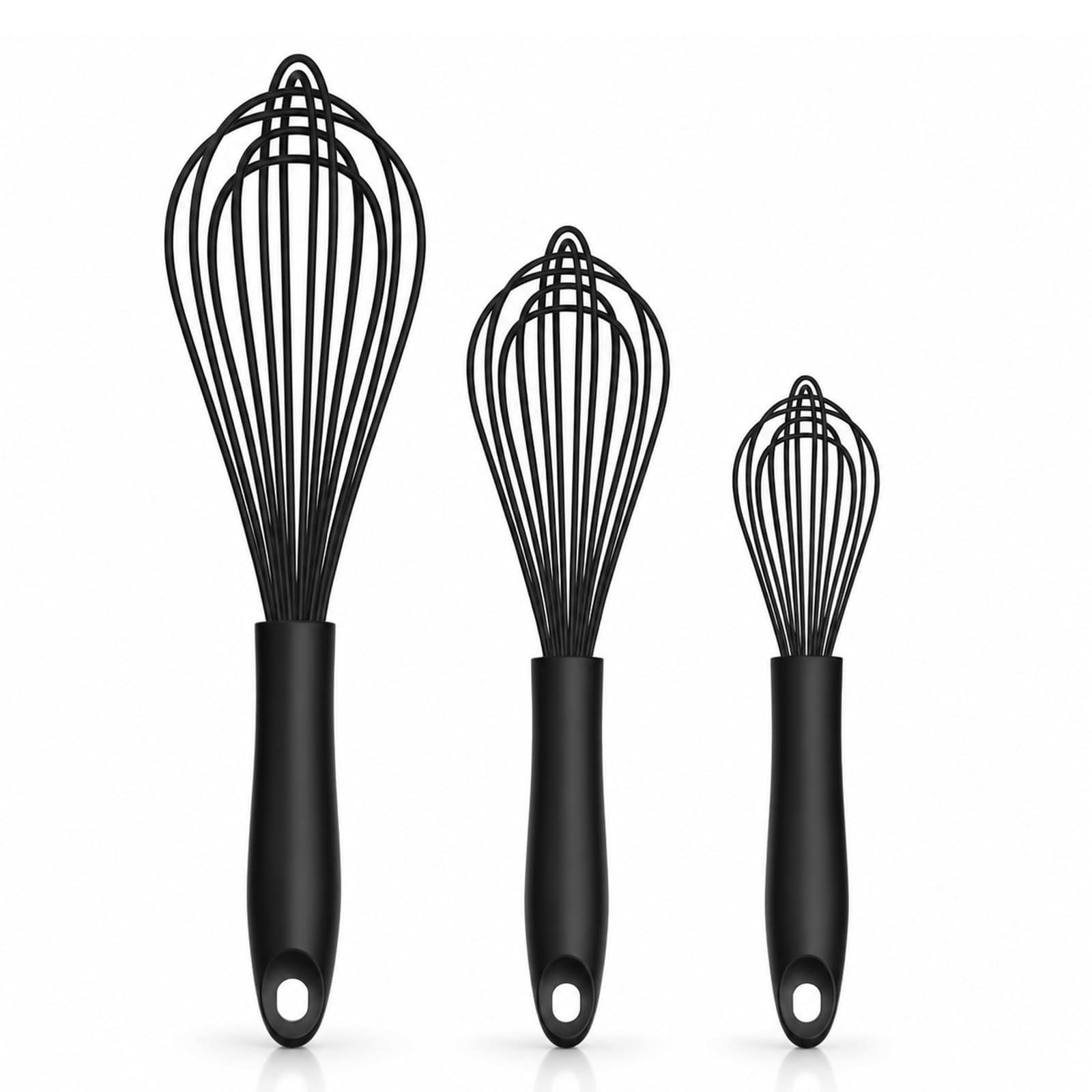 3-Piece Stainless Steel Balloon Whisk Set - Handheld Wire Whisks with Sturdy Black Handles & Hanging Loops, Ideal for Baking, Whisking Eggs, Blending Sauces & Frothing