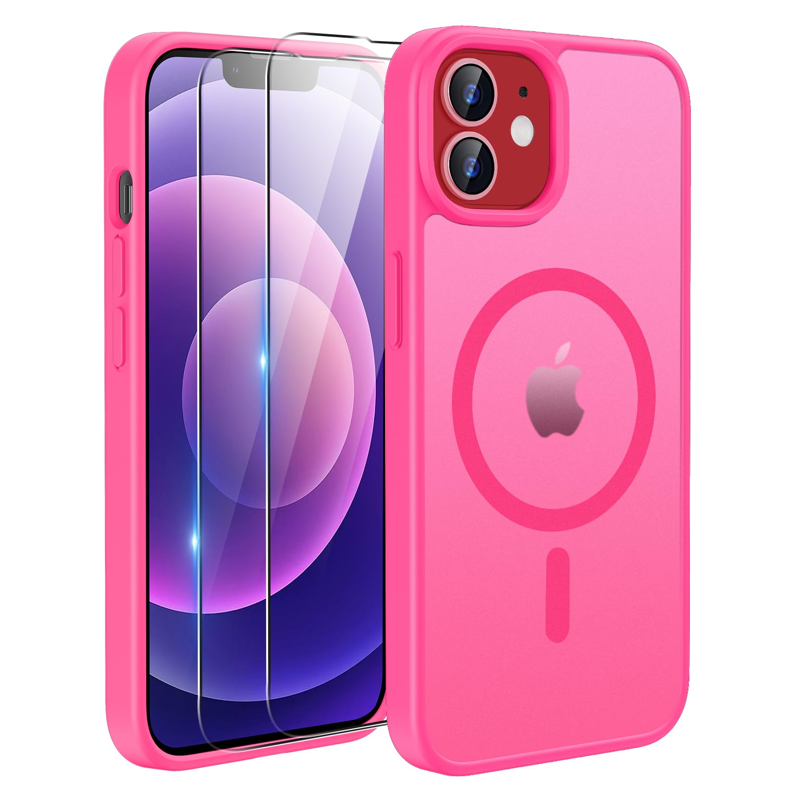 TQIAHF Cover Custodia Magnetica per iPhone 12 / iPhone 12 PRO, Rosa Rossa | 2 Pellicola Vetro Temperato Protezione Schermo Compatibile con Magsafe Militare Antiurto Sottile Opaca Telefono Case