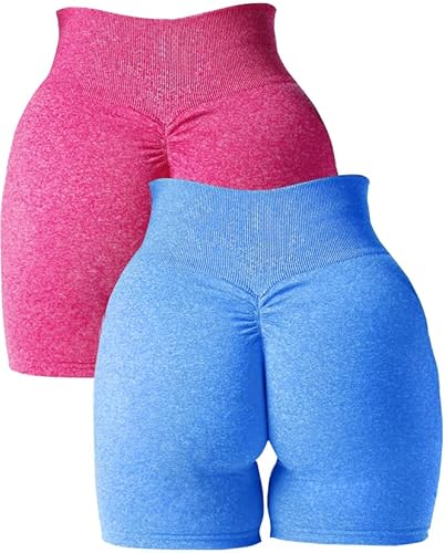 Abonlen Women Scrunch Seamless 2 Piece Workout Shorts High Waisted Yoga Shorts Gym Running Athletic Biker Shorts (Medium, Carmine-Blue)
