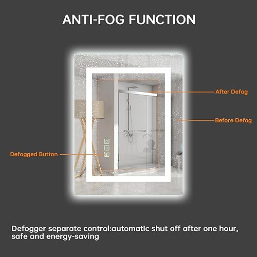 Miniatura 6 de Espejo LED de tocador de baño de 20 x 28 pulgadas con marco blanco, retroiluminado y frontal, tricolores, regulable, antivaho (apagado automático)