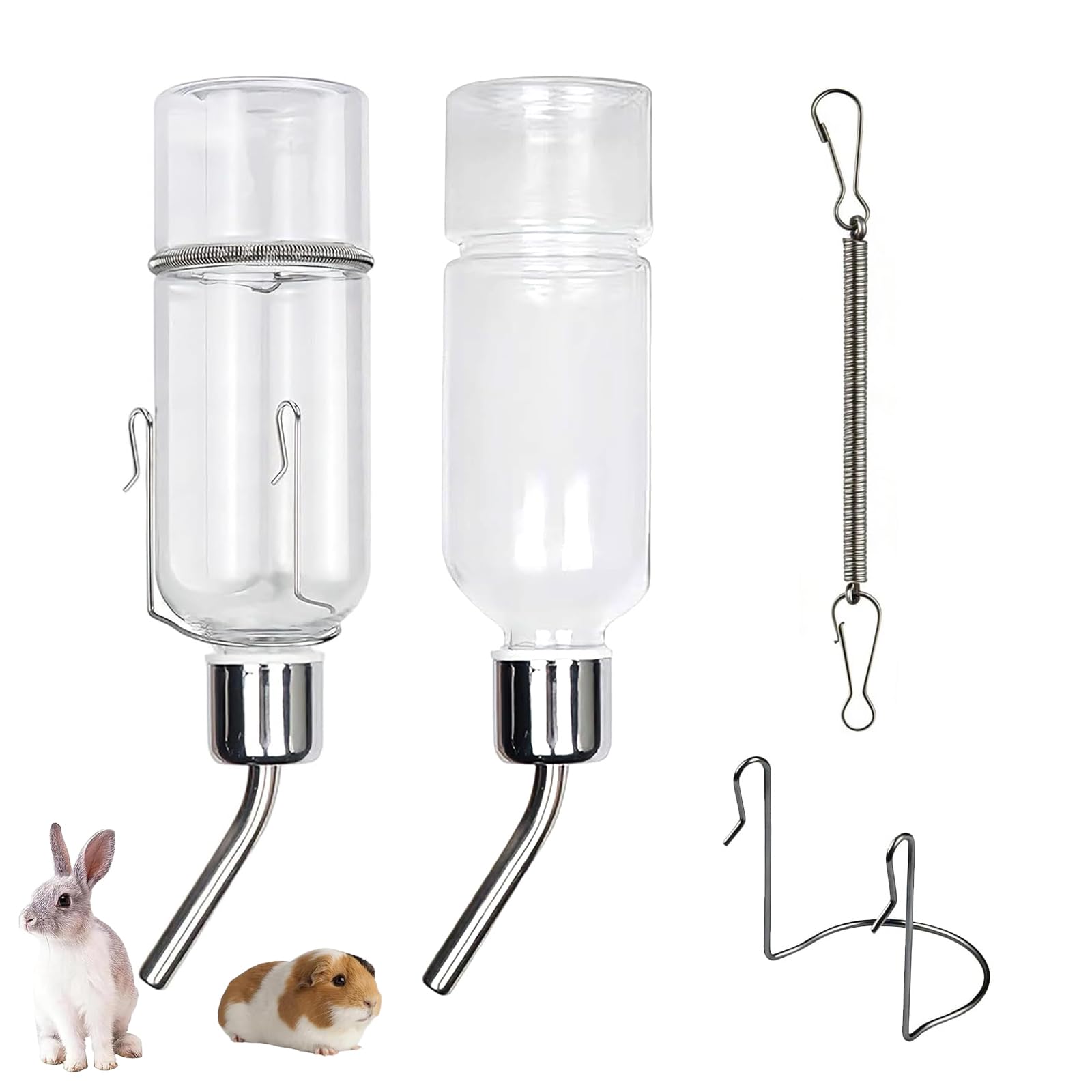2PCS Rabbit Water Bottle, 350ml Guinea Pig Pet Water Bottle Non Drip Transparent Plastic Stainless Steel For Rabbits Guinea Pigs Small Pets