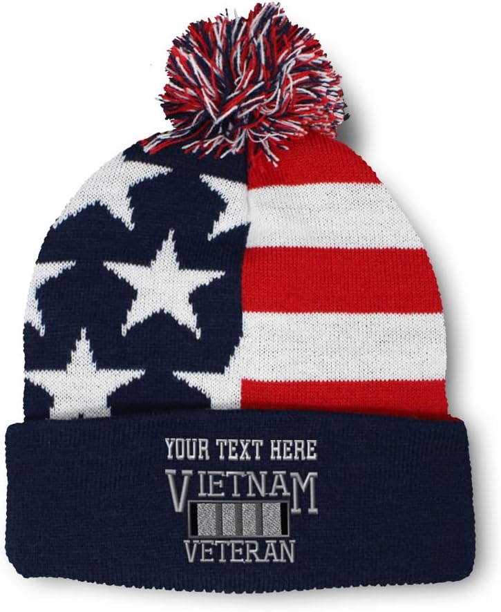 Custom Pom Pom Beanies for Women Vietnam Veteran C Embroidery Skull Cap USA Others Winter Hats for Men Acrylic 1 Size American Flag Personalized Text Here