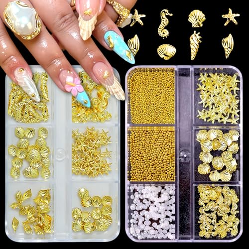 SHUXILIN 2Boxes Summer Steel Studs Metal Pearls Nail Gems Charms Metal Small Seashell Starfish Alloy Seahorse Nail Rhinestones Charms for Acrylic Nail Art Marine Theme Nail Supplies for Women Manicure