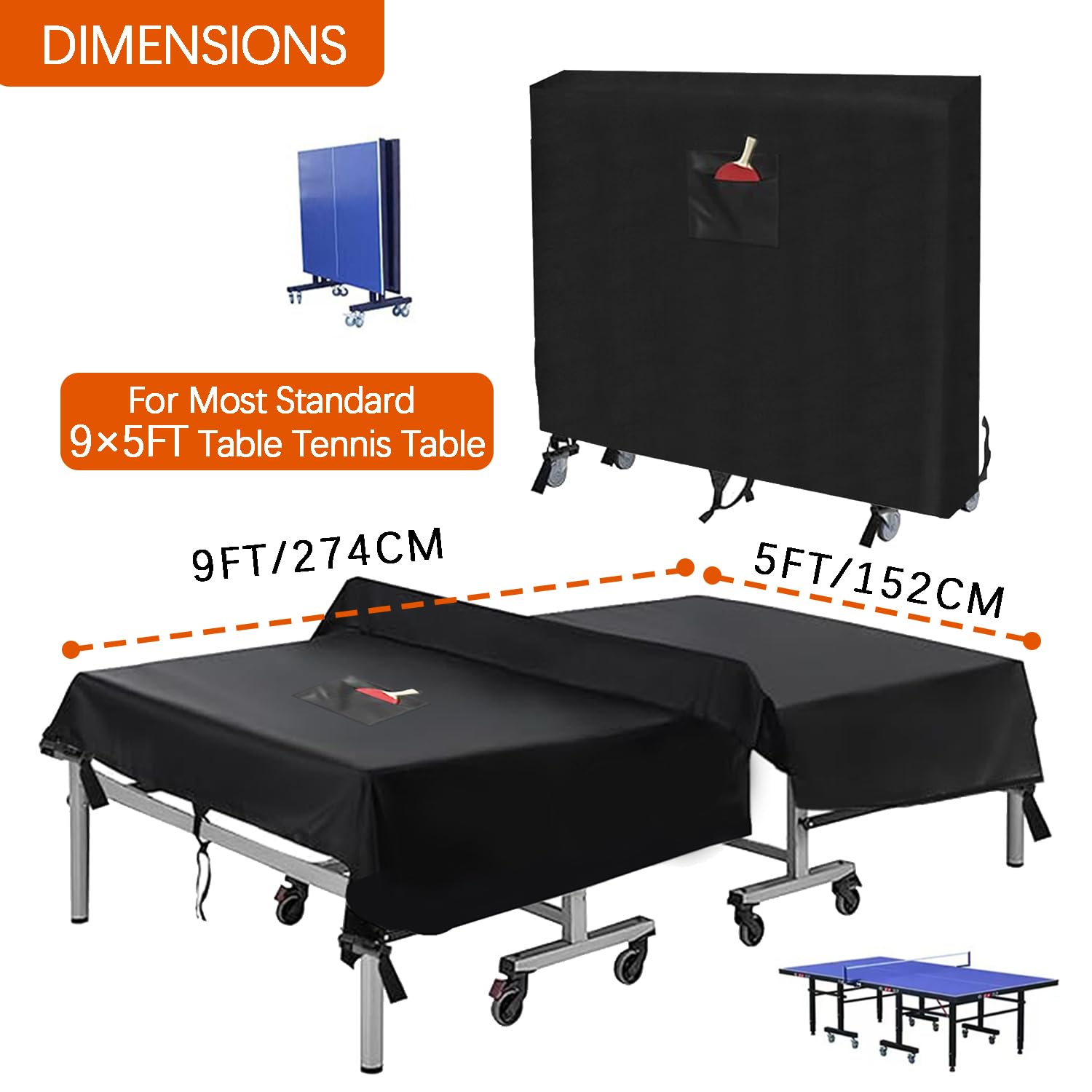 Copertura impermeabile per tavolo da ping pong da interno ed esterno Copertura resistente 600D per tavolo das ping pong Adatta a tavoli universali pieghevoli e piatti,Nero,165x70x185cm