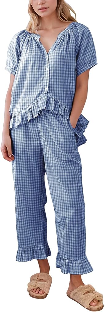 Flygo Womens Plaid 2 Piece Pajamas Sets Gingham Button Down Puff Sleeve Babydoll Shirt Ruffle Pants Y2K Pjs Lounge Set