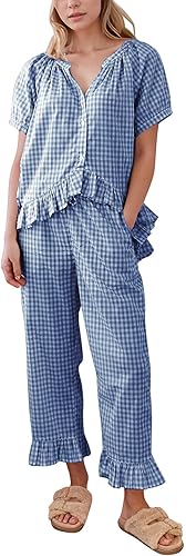 Flygo Womens Plaid 2 Piece Pajamas Sets Gingham Button Down Puff Sleeve Babydoll Shirt Ruffle Pants Y2K Pjs Lounge Set