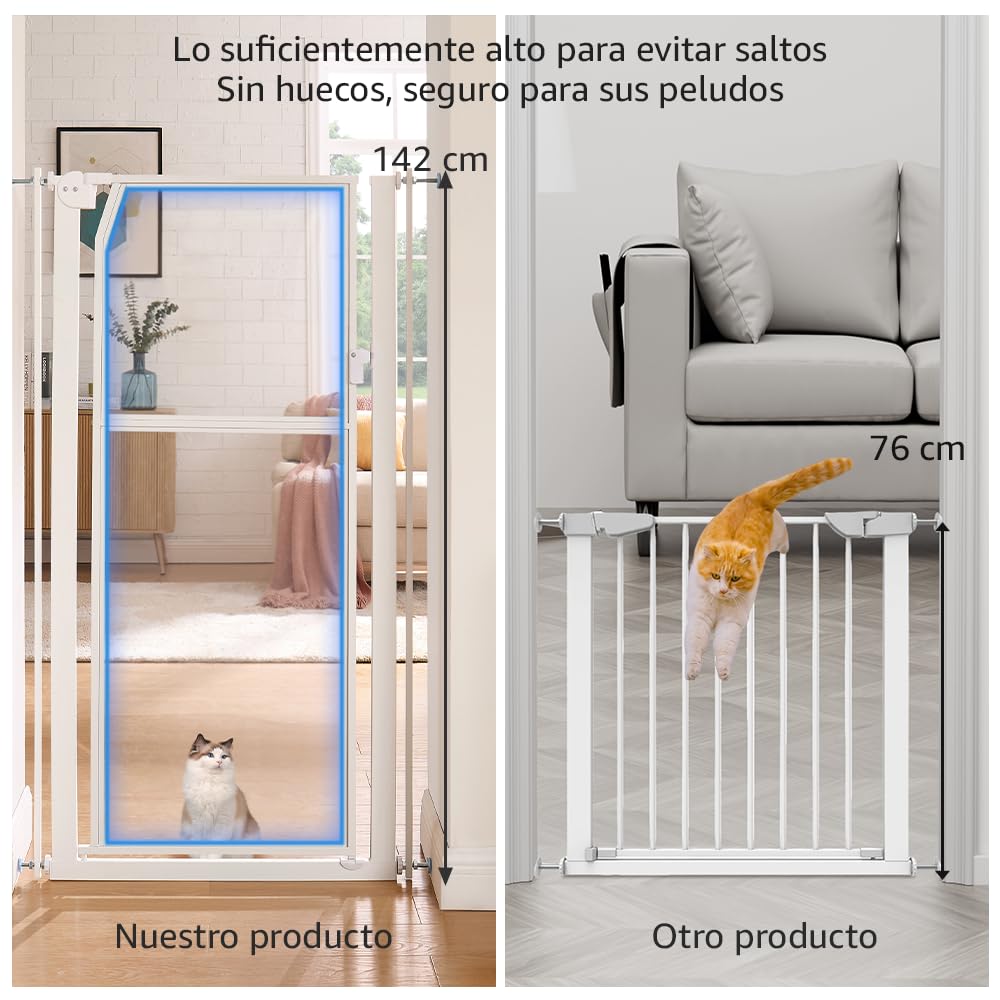 unipaws Puerta para mascotas extra alta de 142 cm, puerta alta transparente para gatos, 75-85 cm de ancho, sin taladrar, para puerta, pasillo, escaleras, color blanco