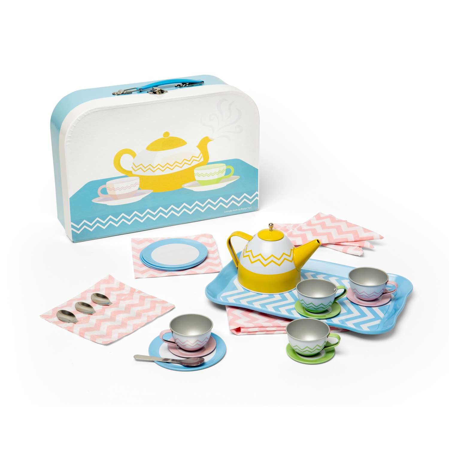 Bigjigs Toys Tin Tea Set - 25 Piece Mini Teatime Playset with Carry Case, Children's Picnic Sets & Accessories, Kitchen Food Playsets, Kids Role Play Toy, Toddler Gifts For Girls & Boys, Age 3 Years +