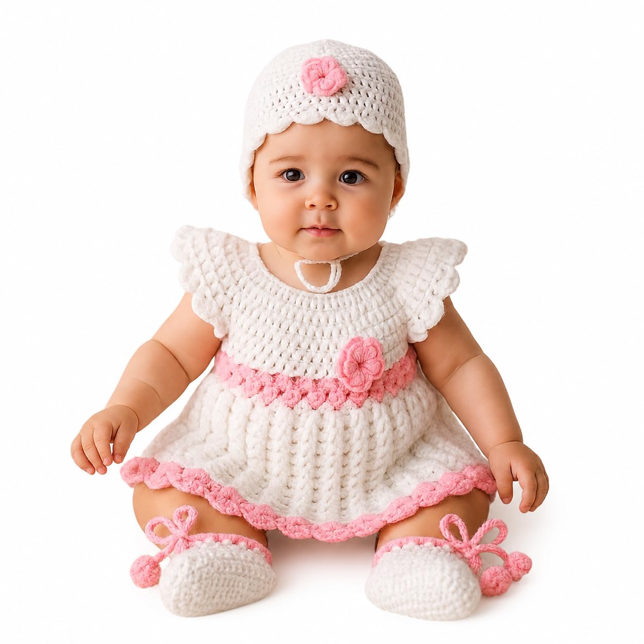 the comfort closet Baby Girl's Handmade Woolen Frock (Pink and White)-picture-36