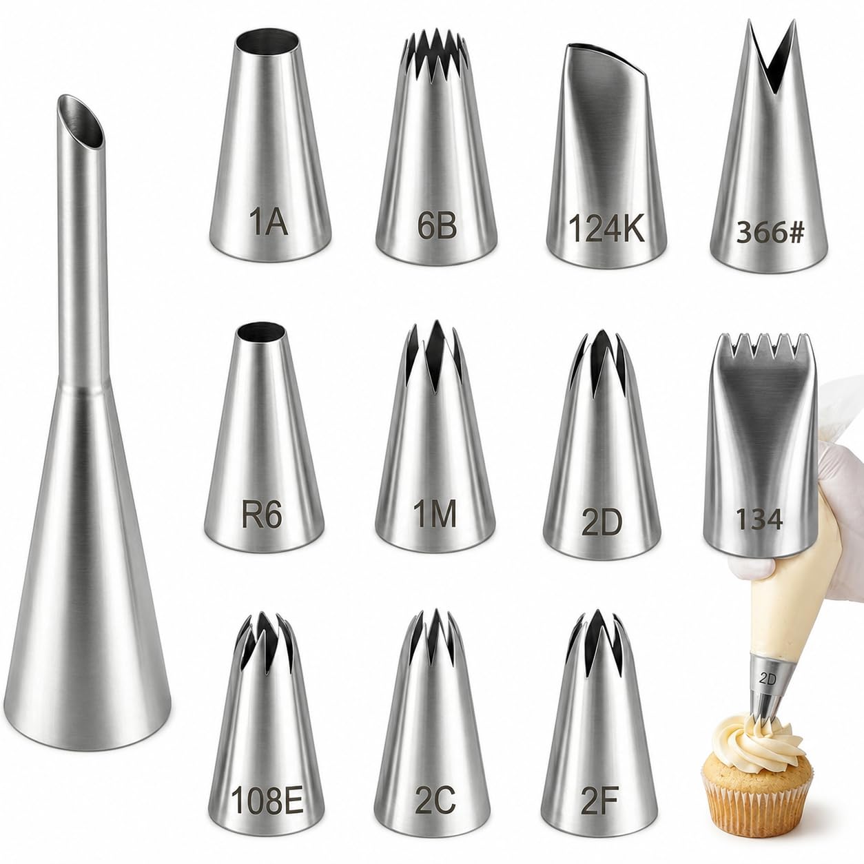 Set of 12 Stainless Steel Piping Nozzles, Large Piping Nozzles for Piping Bags, Professional Nozzles for Decorating Cakes, Cupcakes and Muffins, Baking Accessories