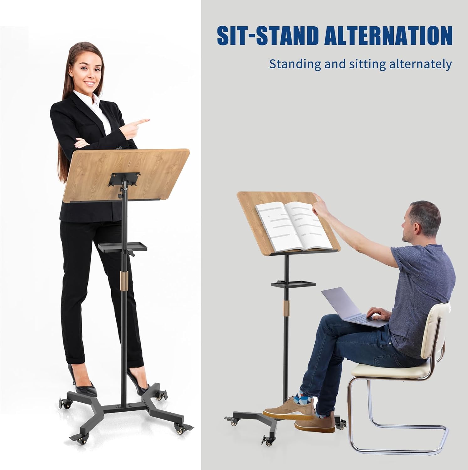 Lectern Podium Stand with Storage Platform, Height Adjustable Steady Standing Design Teacher Speaker Lecture Classroom Presentation Stand for Speech, Lecture, Church, Reading or Laptop Desk