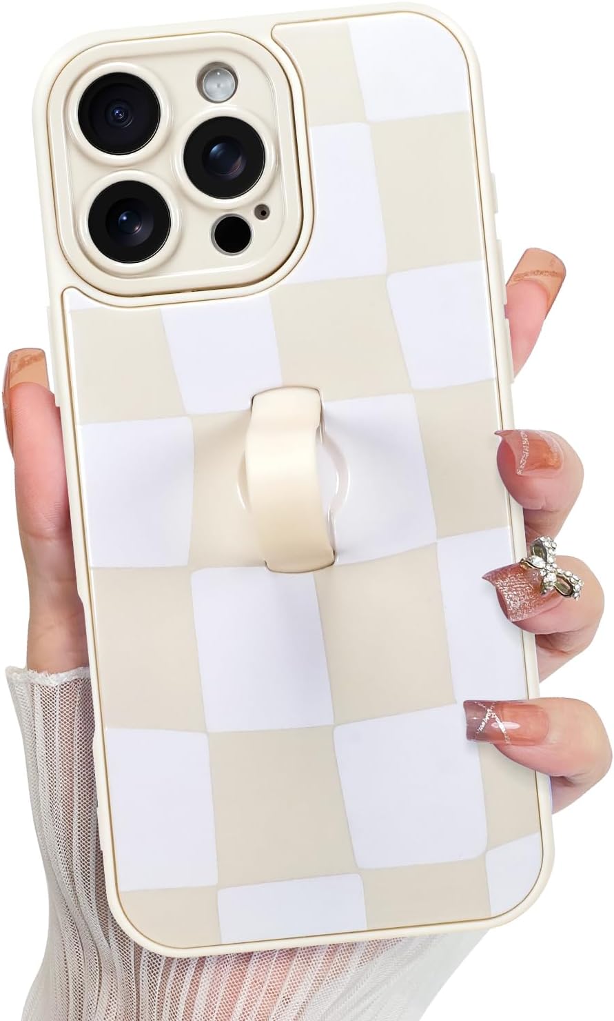 KANGHAR Compatible with iPhone 16 Pro Max Case, Silicone Checkered Cute Pattern, Wristband Kickstand Camera Protection Soft Slim Cover for Girls Women -White