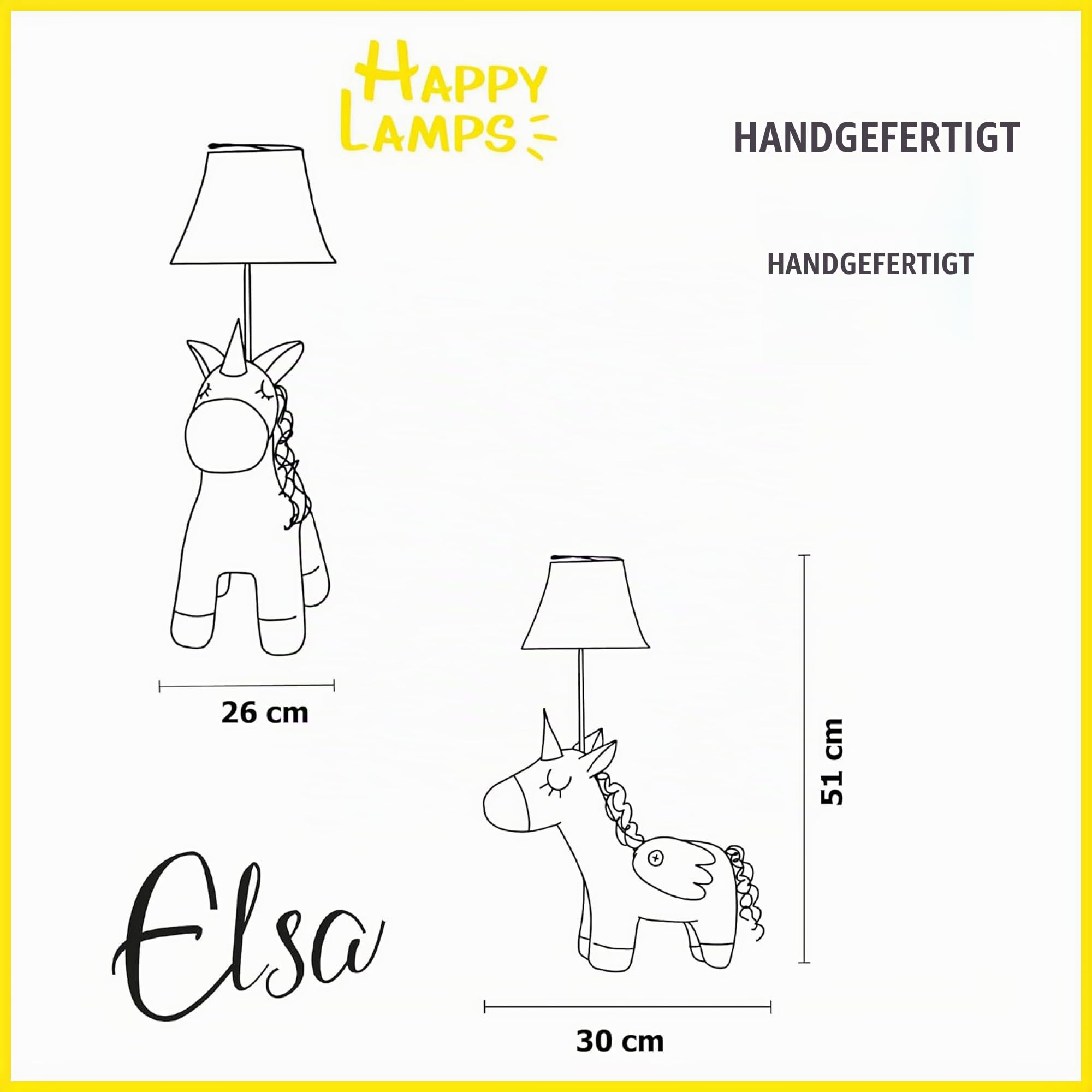 Happy Lamps Elsa das Einhorn LED-Tischlampe Kinderzimmer 51 cm Geschenkidee | handgefertigt, kindersicher, ideal fürs Kinderzimmer, Geschenkidee