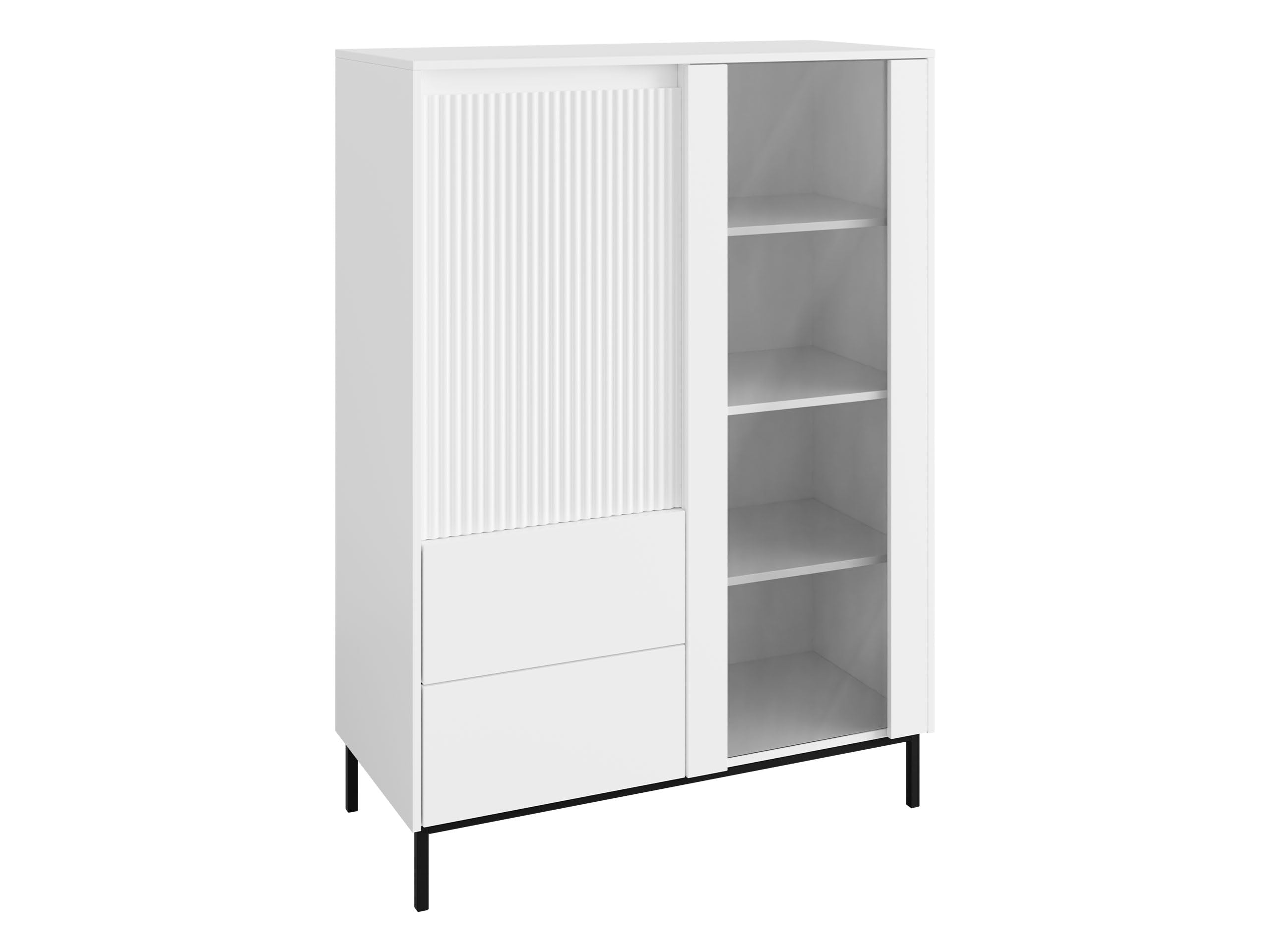 Mirjan24 Standvitrine Ozmi 2D2S, Vitrine mit 2 Türen und 2 Schubladen, innen 7 Fächer, Metallfüße, Push to Open, geriffelte Fronten, Vitrinenschrank für Wohnzimmer (Weiß)