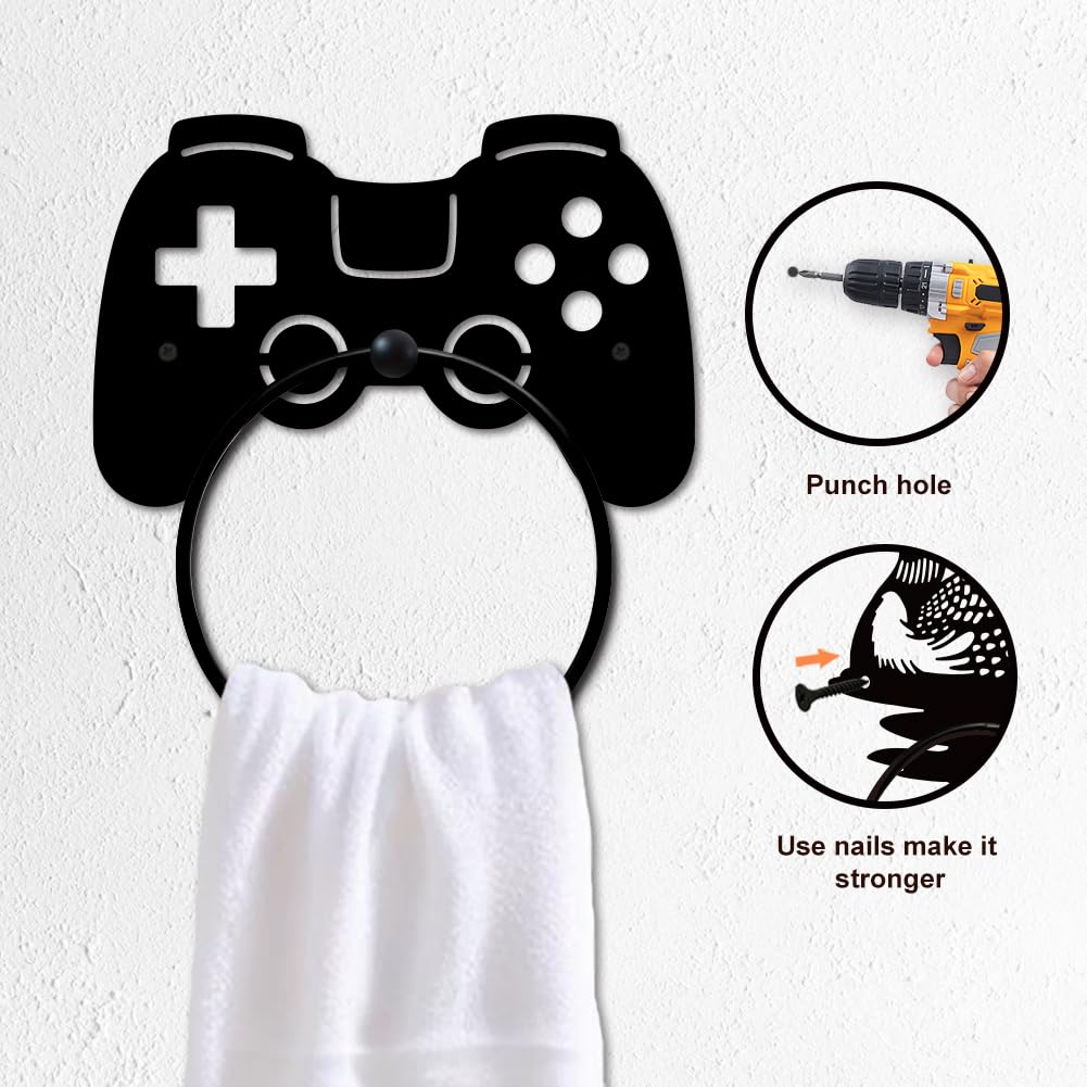MAYJOYDIY Toallero de metal con forma de mando de juego, soporte para toallas para decoración de habitación de jugadores, soporte de toalla de arte negro, montado en la pared para baño, cocina, hogar,