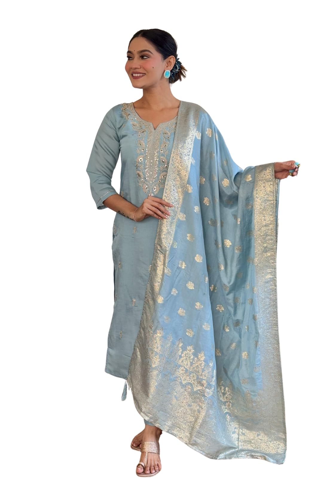 Women's Sky Blue Embroidered Kurta with Banarasi Dupatta, Ethnic Set-picture-15