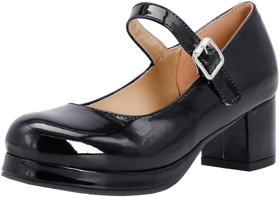 KOKOMOMO Womens Patent Mary Janes Platform Shoes Cute Lolita Cosplay Shoes Mid Block Heel Pump with Ankle Strap