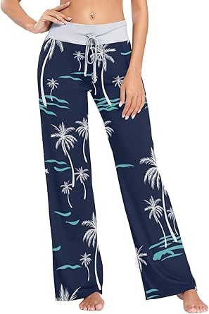 OTVEE Coconut Palm Tree Blue Pajama Pants for Women Casual Wide Leg