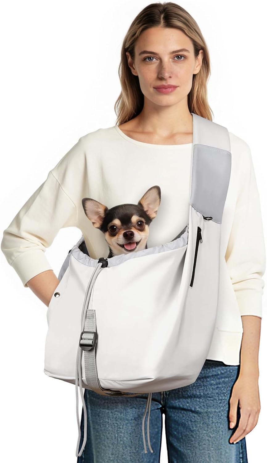 Dog Carrier Sling, Dog Carriers for Small Dogs & Cats with Pockets, Puppy Carrier Sling 15 lbs Machine Washable, Adjustable Shoulder Strap, Hands Free for Family Outdoor Use (Grey)