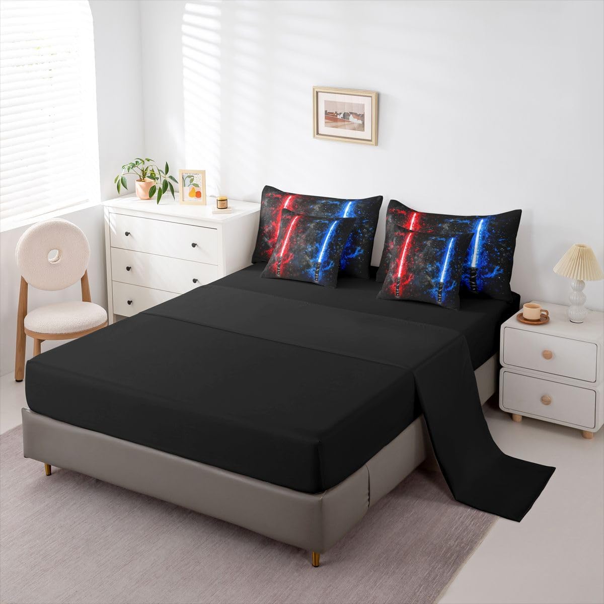 7 Piece Lightsaber Comforter Set King Size, Neon Red Blue Bedding Set Bed In A Bag For Kids Boys Teens Adult Women Room, Galaxy Starry Sky Sheet Set Fashion Games Light Sword Bedding Comforter Sets