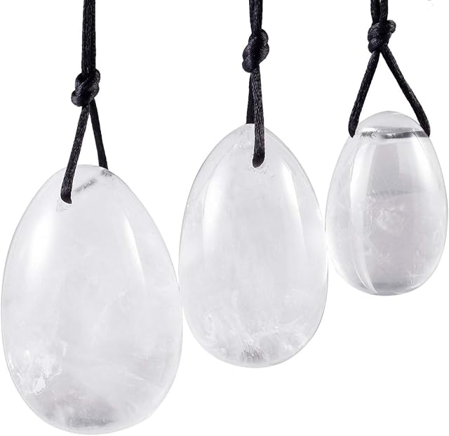 mookaitedecor Clear Quartz/Rock Quartz Crystal Yoni Eggs Set of 3,Drilled,with Unwaxed String,Massage Stone for Women Kegel Exercise Strengthen Pelvic Floor Muscles