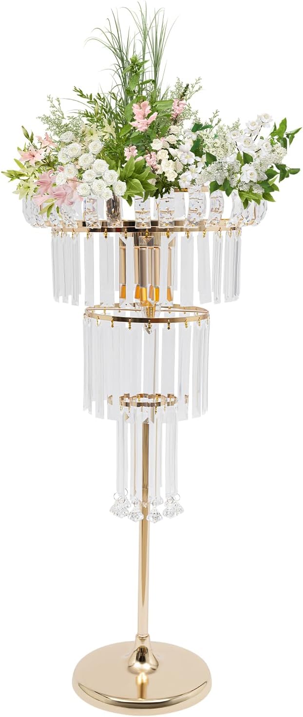 2 Pcs Crystal Flower Stand Wedding Centerpieces for Tables, 32in/82cm Height Flower Arrangement Holders Metal Flower Vase for Wedding Party Event Reception Dining Room Living Room Decor (Silver)