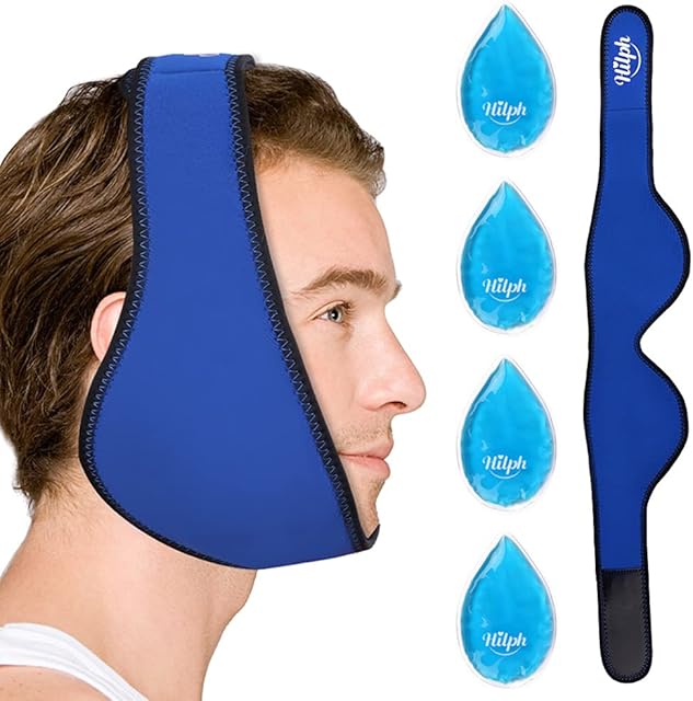 Hilph Jaw Ice Pack for Chin & Face Pain Relief, Reusable Hot Cold Compress Pack for Tmj Relief, Wisdom Teeth, Toothache Pain, Face Jaw Surgery, Face Ice Pack Wrap with 4 Gel Cold Packs