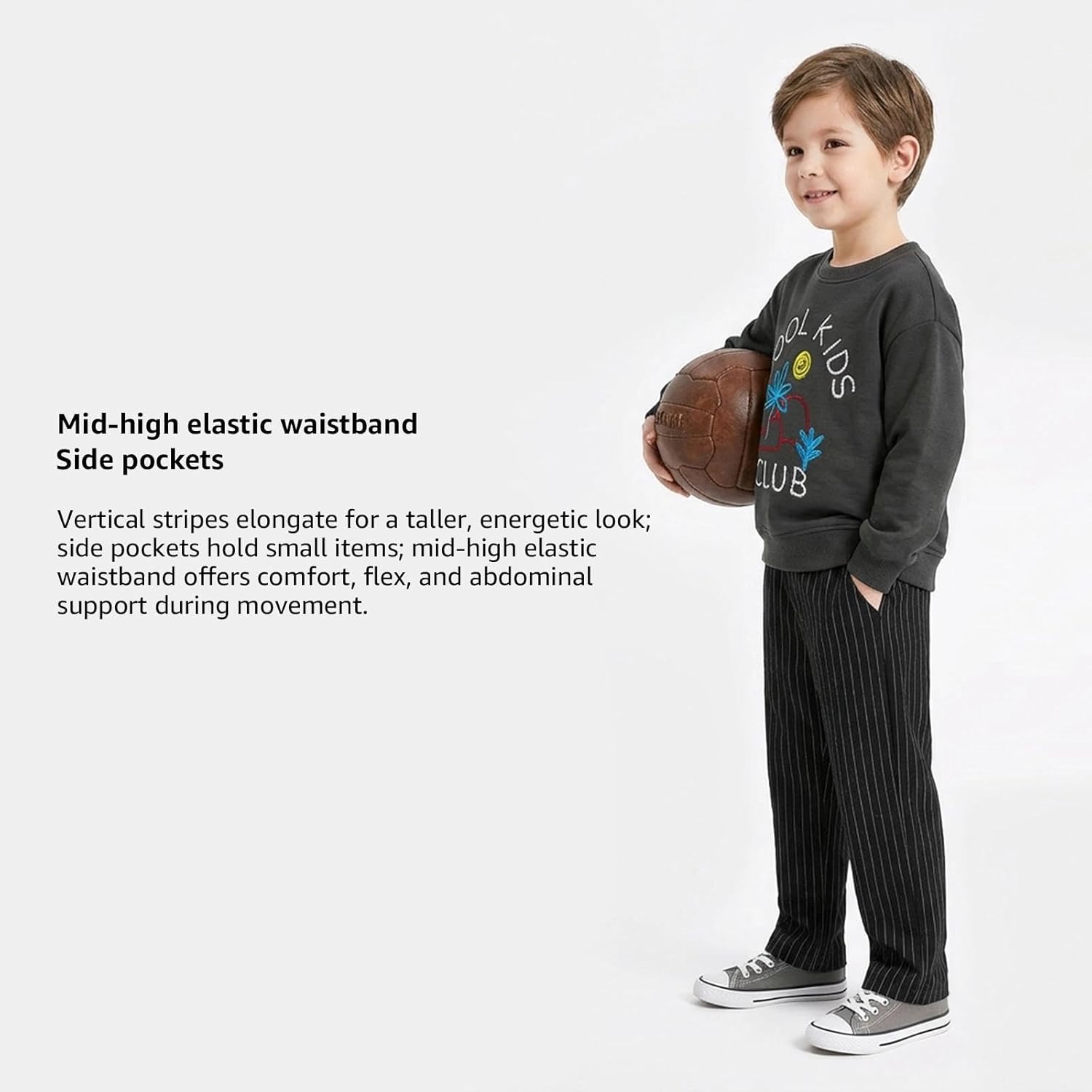 Little Bitty Boys Long Sleeve Cotton Two Piece Set, Fleece Crew Neck Embroidery, Vertical Striped Pants Fall Winter 3-7 Years - Image 5