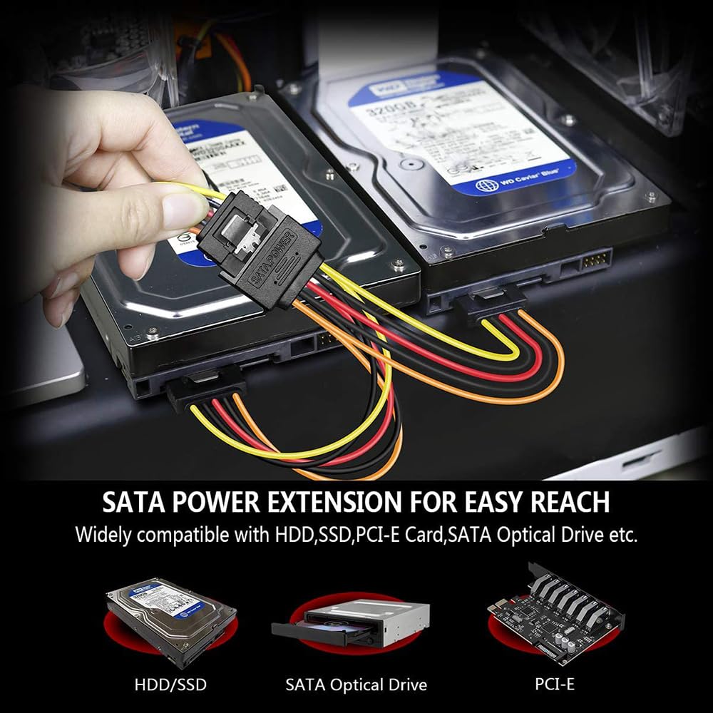 Cavo di prolunga di alimentazione SATA, confezione da 6 cavi di prolunga SATA maschio-femmina a 15 pin, adattatore for disco rigido, HDD, SSD, PCIE (6PCS With lock)