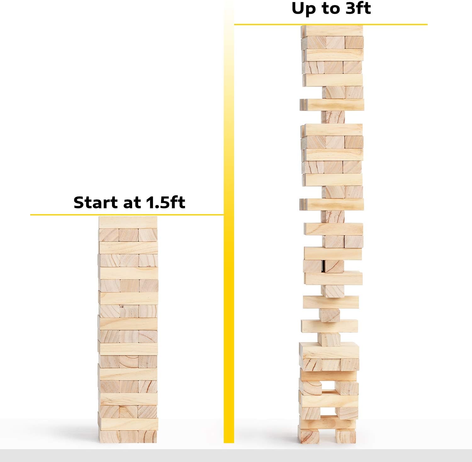 A11N Tumble Tower Game | 54 Blocks, Starts at 1.5 Feet Tall and Build to 3 Feet Tall | Wooden Stacking Yard Game with Carrying Bag, Rules Board, 1 Dice