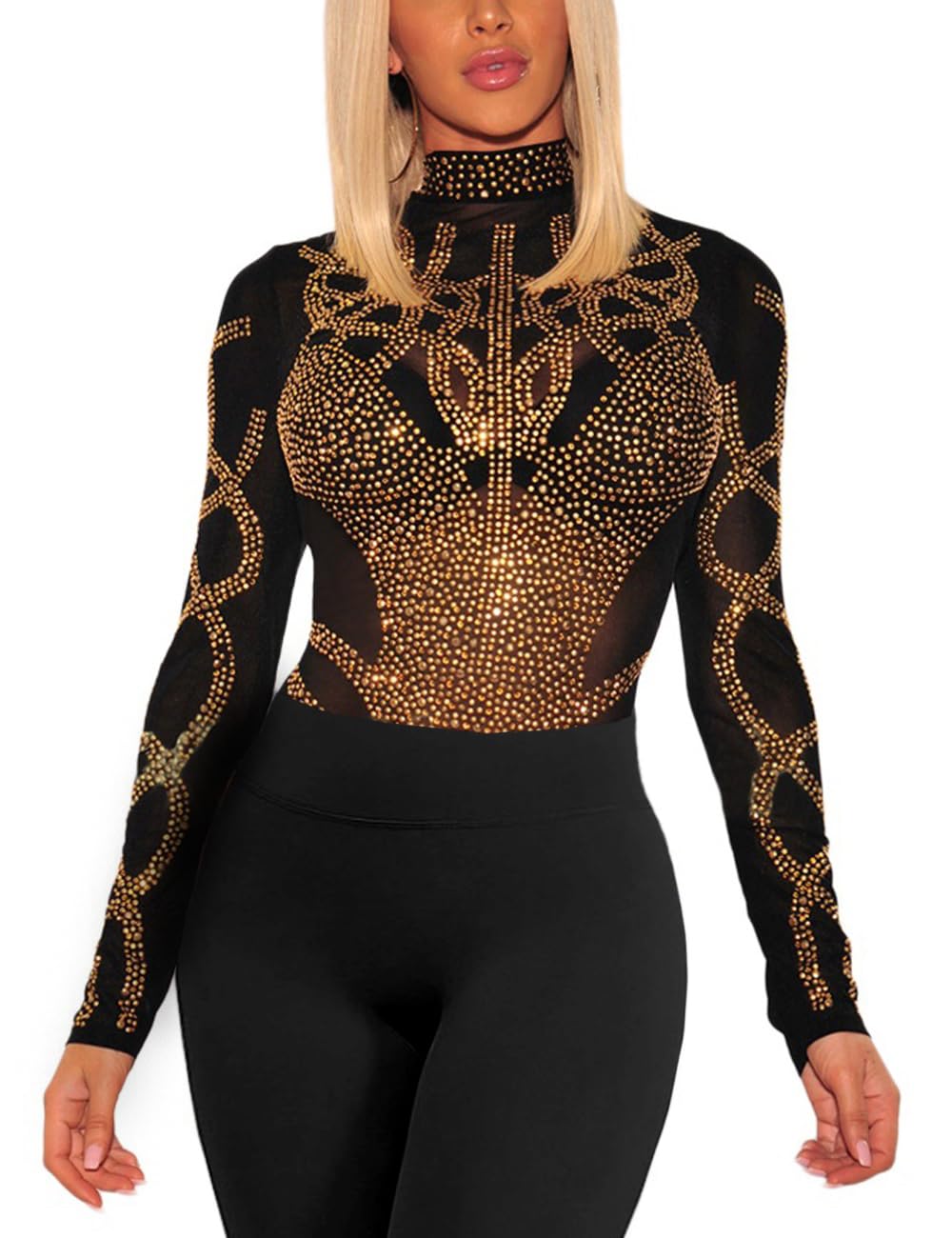MAYFASEY Damen Sheer Mesh Tops Stretchy Langarm Transparentes Shirt Bluse Clubwear